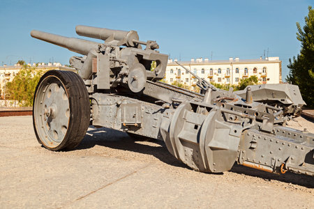 VOLGOGRAD, RUSSIA - on May 16, 2019: a gray 150th milimitrovy heavy field howitzer in the museum panorama Battle of Stalingrad, Volgogradのeditorial素材