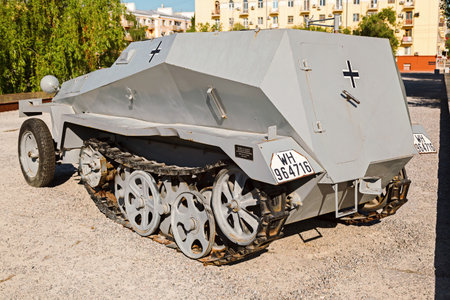 VOLGOGRAD, RUSSIA - 16 May, 2019: light semi-caterpillar German armored personnel carrier of World War II, museum panorama Battle of Stalingrad, Volgogradのeditorial素材