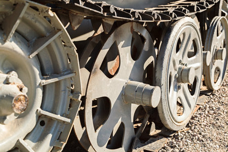 VOLGOGRAD, RUSSIA - 16 May, 2019: details of wheels and caterpillars German armored personnel carrier of World War II, museum panorama Battle of Stalingrad, Volgogradのeditorial素材