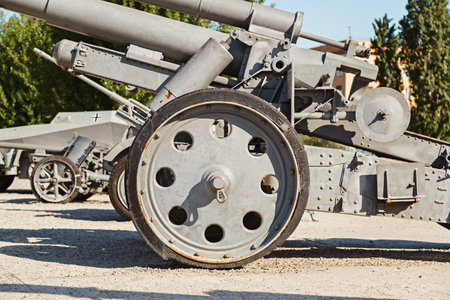 VOLGOGRAD, RUSSIA - 16 May, 2019: wheel of a heavy German 150th milimitrovy howitzer of World War II, museum panorama Battle of Stalingrad, Volgogradのeditorial素材