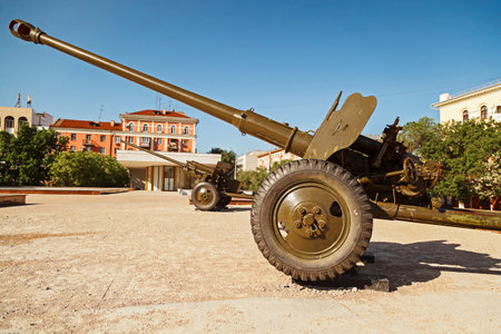 VOLGOGRAD, RUSSIA - May 16, 2019: Soviet gun of World War II, museum panorama Battle of Stalingrad, Volgograd. A look with a sideのeditorial素材