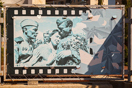VOLGOGRAD, RUSSIA - April 27, 2019: Banners of photos of World War II. Museum panorama Battle of Stalingrad, Volgogradのeditorial素材