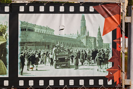 VOLGOGRAD, RUSSIA - April 27, 2019: Banners of photos of World War II. Museum panorama Battle of Stalingrad, Volgogradのeditorial素材