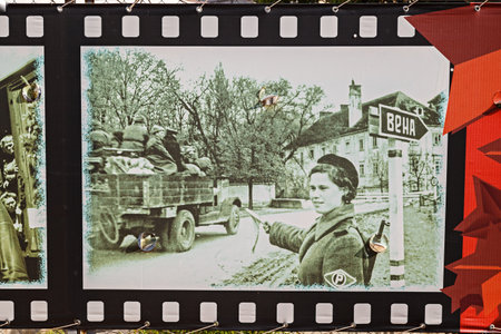 VOLGOGRAD, RUSSIA - April 27, 2019: Banners of photos of World War II. Museum panorama Battle of Stalingrad, Volgogradのeditorial素材