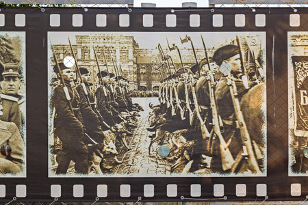 VOLGOGRAD, RUSSIA - April 27, 2019: Banners of photos of World War II. Museum panorama Battle of Stalingrad, Volgogradのeditorial素材