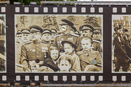 VOLGOGRAD, RUSSIA - April 27, 2019: Banners of photos of World War II. Museum panorama Battle of Stalingrad, Volgogradのeditorial素材