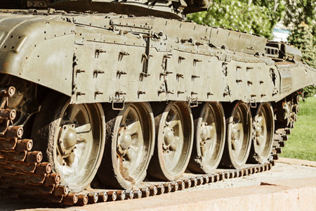 VOLGOGRAD, RUSSIA - 16 May, 2019: caterpillars of the T-72 tank, museum panorama Battle of Stalingrad, Volgogradのeditorial素材