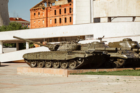 VOLGOGRAD, RUSSIA - 16 May, 2019: Soviet heavy tank T-72, museum panorama Battle of Stalingrad, Volgograd sidewaysのeditorial素材