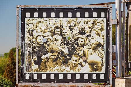 VOLGOGRAD, RUSSIA - April 27, 2019: Banners of photos of World War II. Museum panorama Battle of Stalingrad, Volgogradのeditorial素材
