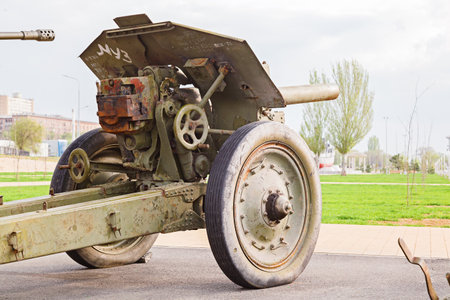 VOLGOGRAD, RUSSIA - 27 April, 2019: one artillery old gun is put on the central embankment of the city of Volgogradのeditorial素材