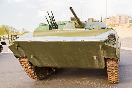 VOLGOGRAD, RUSSIA - 27 April, 2019: Armored military equipment on the embankment in the city of...