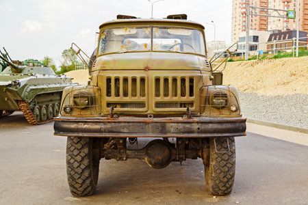 VOLGOGRAD, RUSSIA - 27 April, 2019: a Grad rocket system on the military chassis on the car the URALS. A look in a fullfaceのeditorial素材