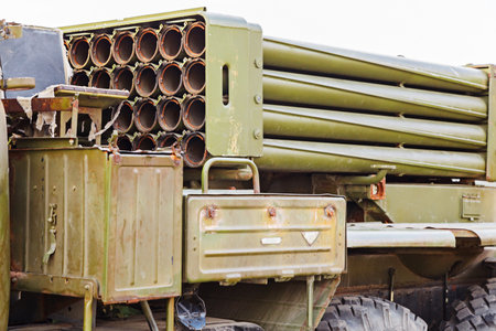 VOLGOGRAD, RUSSIA - 27 April, 2019: a Grad rocket system detail on the chassis of the old military carのeditorial素材