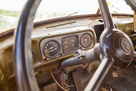 VOLGOGRAD, RUSSIA - 27 April, 2019: a detail a wheel and the dashboard in a cabin of the URAL truckのeditorial素材