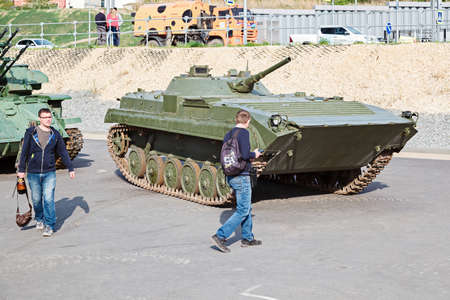 VOLGOGRAD, RUSSIA - April 27, 2019: fighting tanks on the central embankment to Volgograd. A look...
