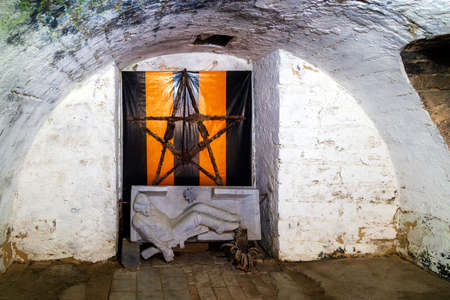 KERCH, RUSSIA - July 2, 2019: Kerch Fortress. Sleeping soldier pioneer with machine gun, museum to Crimeaのeditorial素材