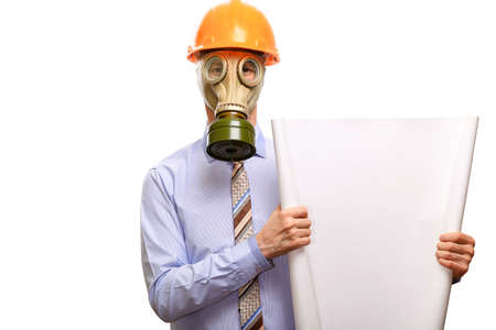 A gas-free engineer, helmet, shirt and tie shows off a banner, looks into the camera. Isolated, on whiteの写真素材