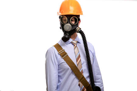 business builder in a gas mask, shirt and tie. Isolated, on whiteの写真素材