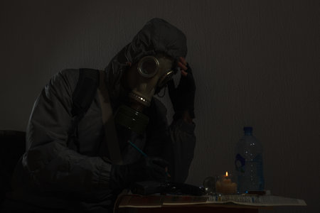 a man in a gas mask sits on a chair at a table against a wall, a studio portraitの写真素材