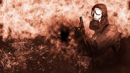 grown male stalker holds a gun pistol in his hand. He is dressed in a protective jacket with a hood, a gas mask. On a grunge brown background. Poster post-apocalypticの写真素材