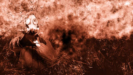 A shot of a man dressed in a gas mask, a jacket with a hood, a backpack, out of fear, defending...