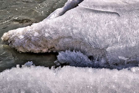 Close-up detail of ice in the riverbankの写真素材
