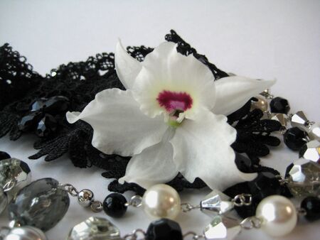 white Orchid on black laceの写真素材