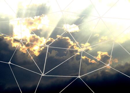 Geometric pattern of lines on a background of sky and cloudsの写真素材