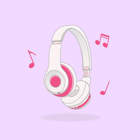 Illustration of cartoon headphones in pink and white color with melodiesのイラスト素材