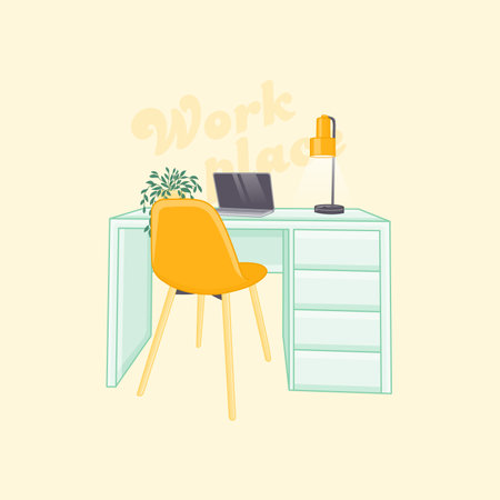 Cartoon illustration of a workplace with comfort in orange and green-blue colors with a computer and a lampのイラスト素材