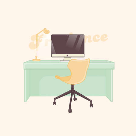 Flat style workplace cartoon illustration with computer, lamp and chairのイラスト素材