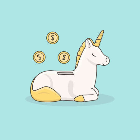 Cartoon illustration of a piggy bank of a cute unicorn in white and with coinsのイラスト素材