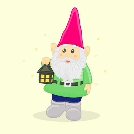 Illustration of cartoon garden gnome with lantern in vibrant colorsのイラスト素材