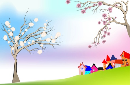 spring, trees, flowers, grass, houses, colors, countryside, day, design, illustration, flower, nature, painting, decoration, decorative, beautiful, design, plant, plant, season, seasonal, background, green, purple, blue, flora, color, florist, May, grow, のイラスト素材