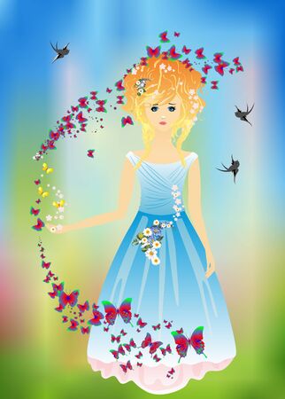 Spring girl in a blue dressのイラスト素材