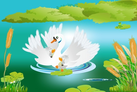 Mom and small swans on pond illustrationのイラスト素材