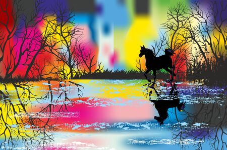 Rainbow landscape with a horseのイラスト素材