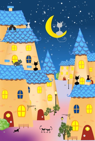 Composition with cats that rest on a moonlit night.のイラスト素材