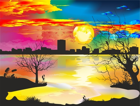 composition with lake and sunset in the cityのイラスト素材