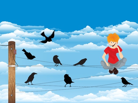 composition with a boy who is sitting on electric wires and observes birdsのイラスト素材