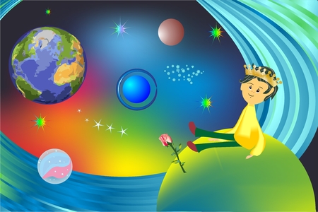 composition with a little boy who is alone on an alien planetのイラスト素材