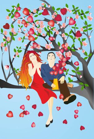 composition with people in love who are sitting on the treeのイラスト素材