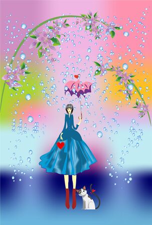 composition with a girl who stands and holds an umbrella and next to a cat sitsのイラスト素材