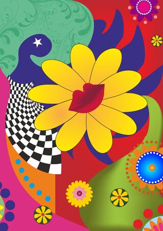 Colorful, abstraction, colors, elements, geometric, geometry, group, pattern, colorful, decoration, mosaic, pattern, art, background, shapes, blue, red, orange, illustration, texture, circle, flower, flowers, lips, woman, vivid chessboard, ray, sunny, energy, design, composition with colorful elements of various shapes and with flowersのイラスト素材