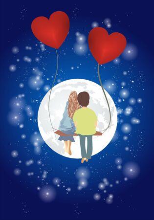 composition with a girl and boy who are sitting on a swing and looking at the moonのイラスト素材