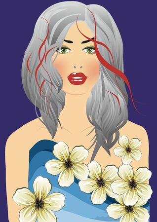 composition with a woman with gray hair in a blue dress and with flowersのイラスト素材