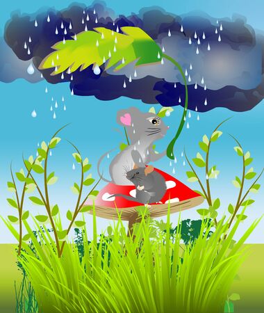 composition with mouse and rat who sheltered from rain under a leafのイラスト素材