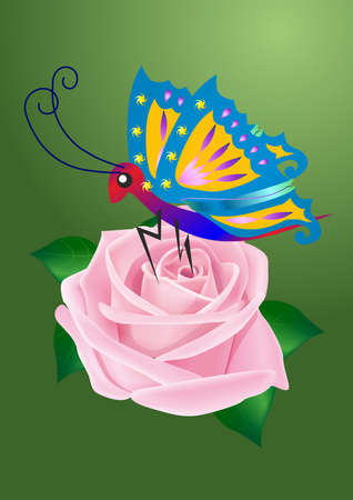 composition with a butterfly sitting on a pink roseのイラスト素材