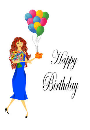 composition with a woman holding flowers and a giftのイラスト素材