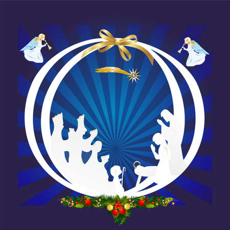 Christmas composition with the holy family and kings on the background of the Christmas ballのイラスト素材